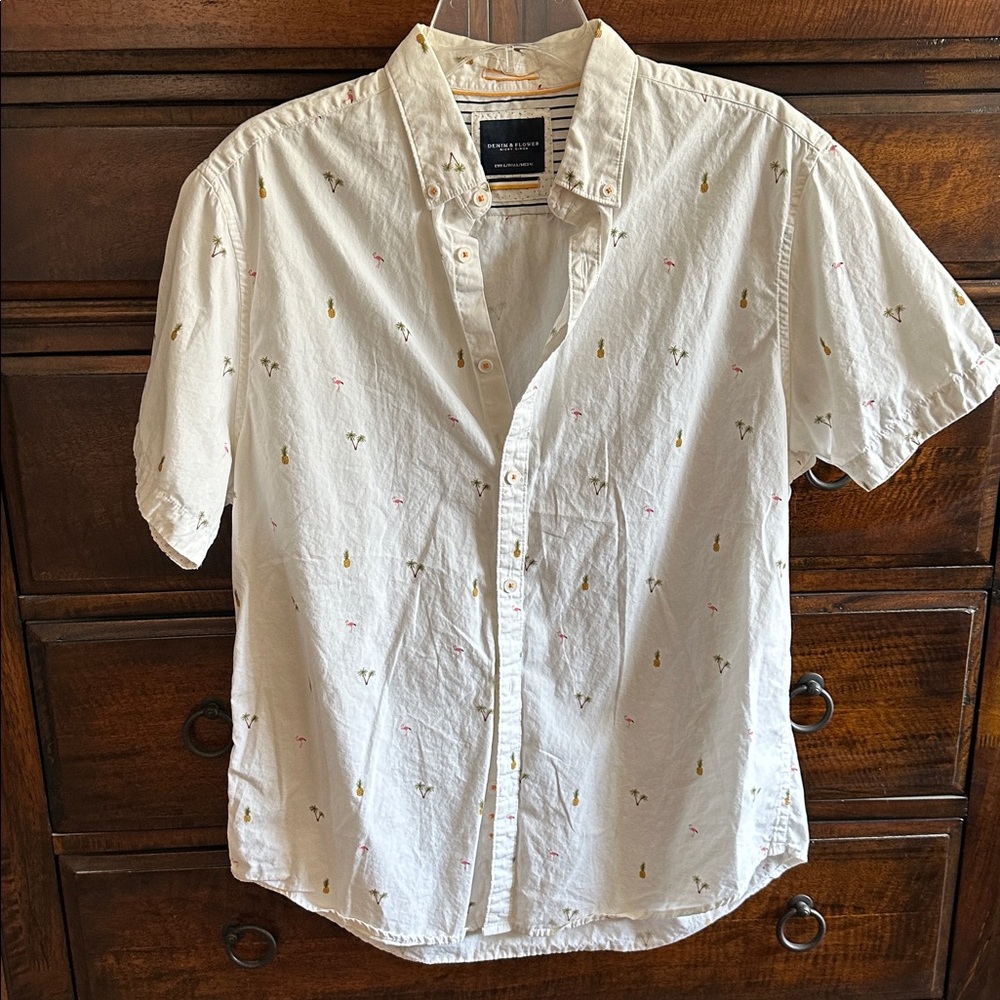 Denim & Flower White Casual Button Down Shirt with Modern Print